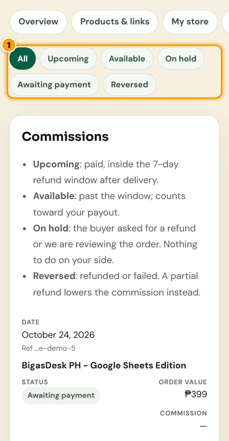 Commissions tab with filters for All, Upcoming, Available, On hold, Awaiting payment and Reversed, and a list of demo orders.