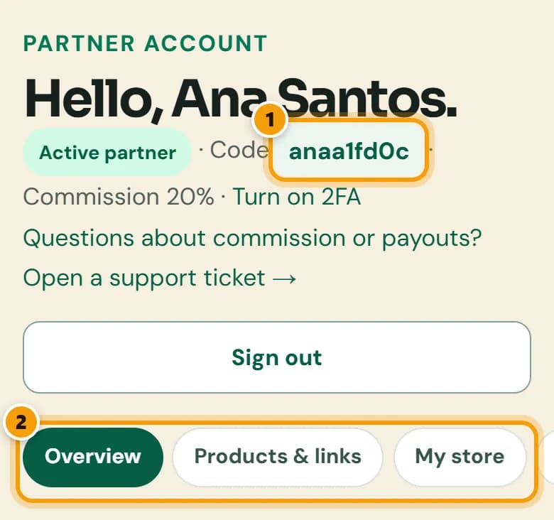 Partner account header showing Active partner status, the referral code and the tab bar, numbered 1 and 2.