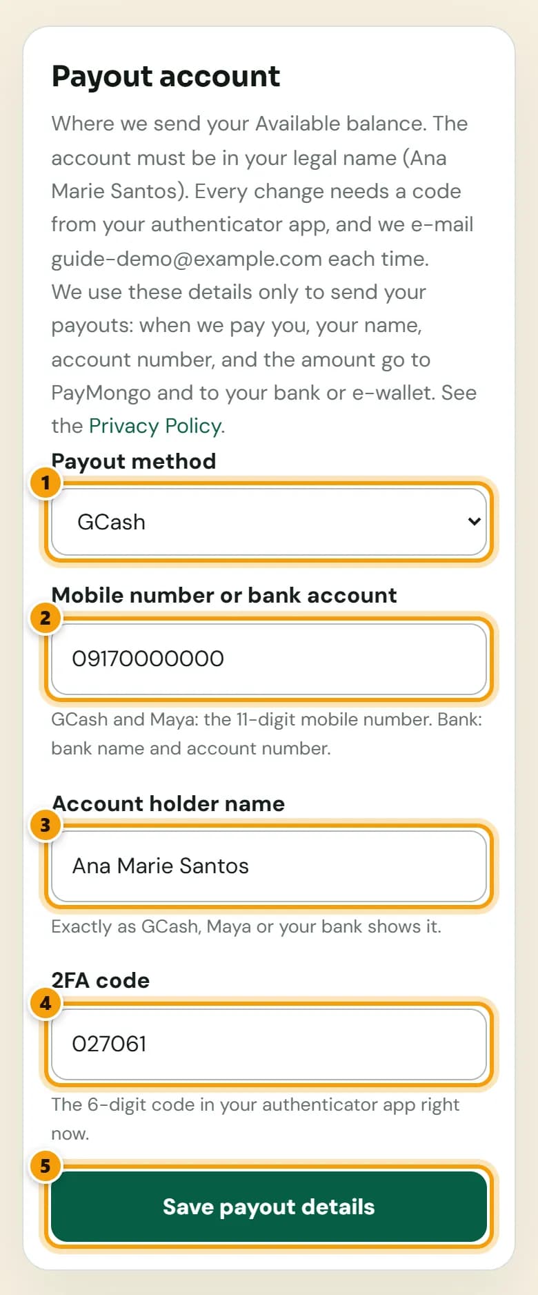 Payout account form with payout method GCash, the mobile number, the account holder name, the 2FA code and the Save payout details button, numbered 1 to 5.
