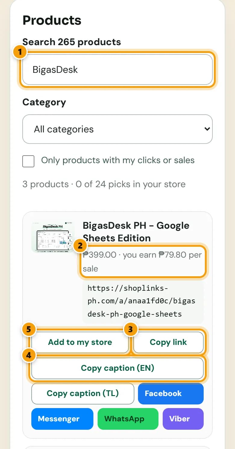 Products & links tab with a search box, a BigasDesk PH product card showing ₱399 and you earn ₱79.80, and the Copy link, Copy caption and Add to my store buttons, numbered 1 to 5.