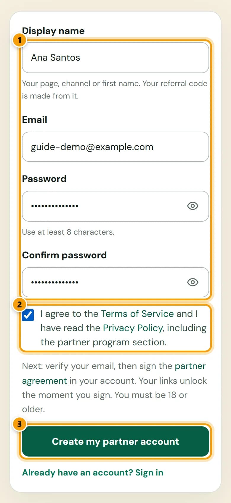 Sign-up form with display name, email and password filled in, the consent box ticked, and the Create my partner account button highlighted.
