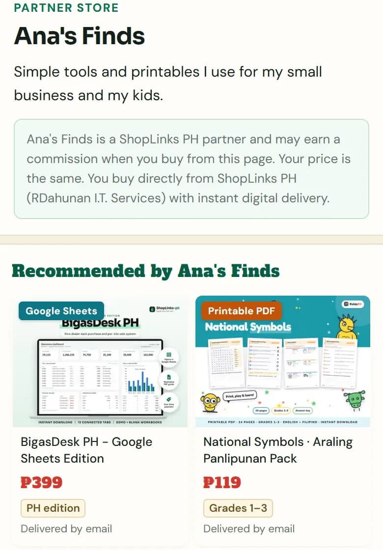 A partner store page as buyers see it: store name, intro, a note that the partner may earn a commission, and two recommended products.