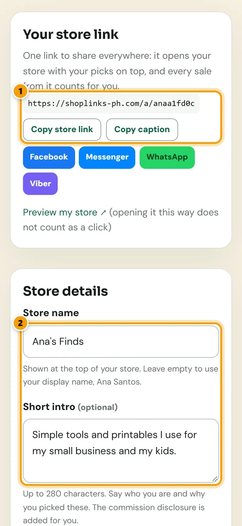 My store tab with the store link and copy buttons, and the store name and short intro fields, numbered 1 and 2.