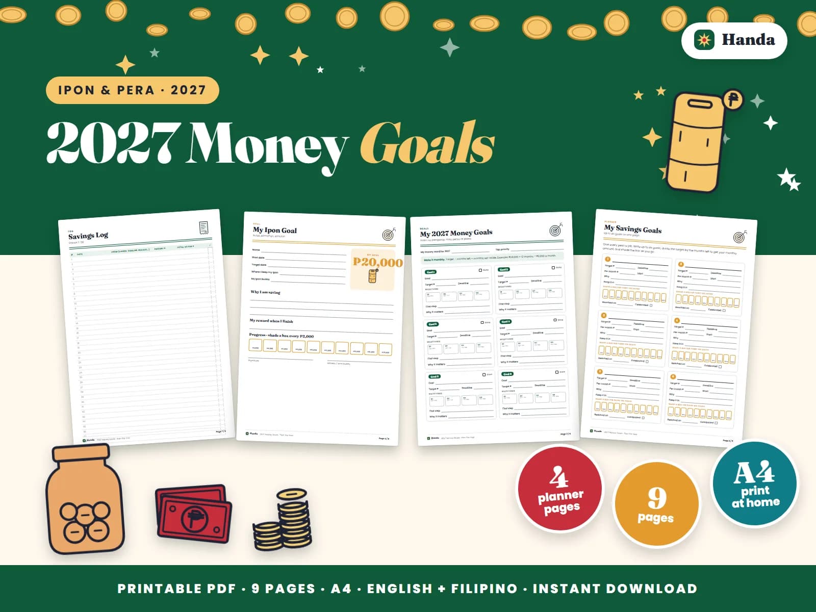 Cover of 2027 Money Goals, a printable budget planner showing four of its pages