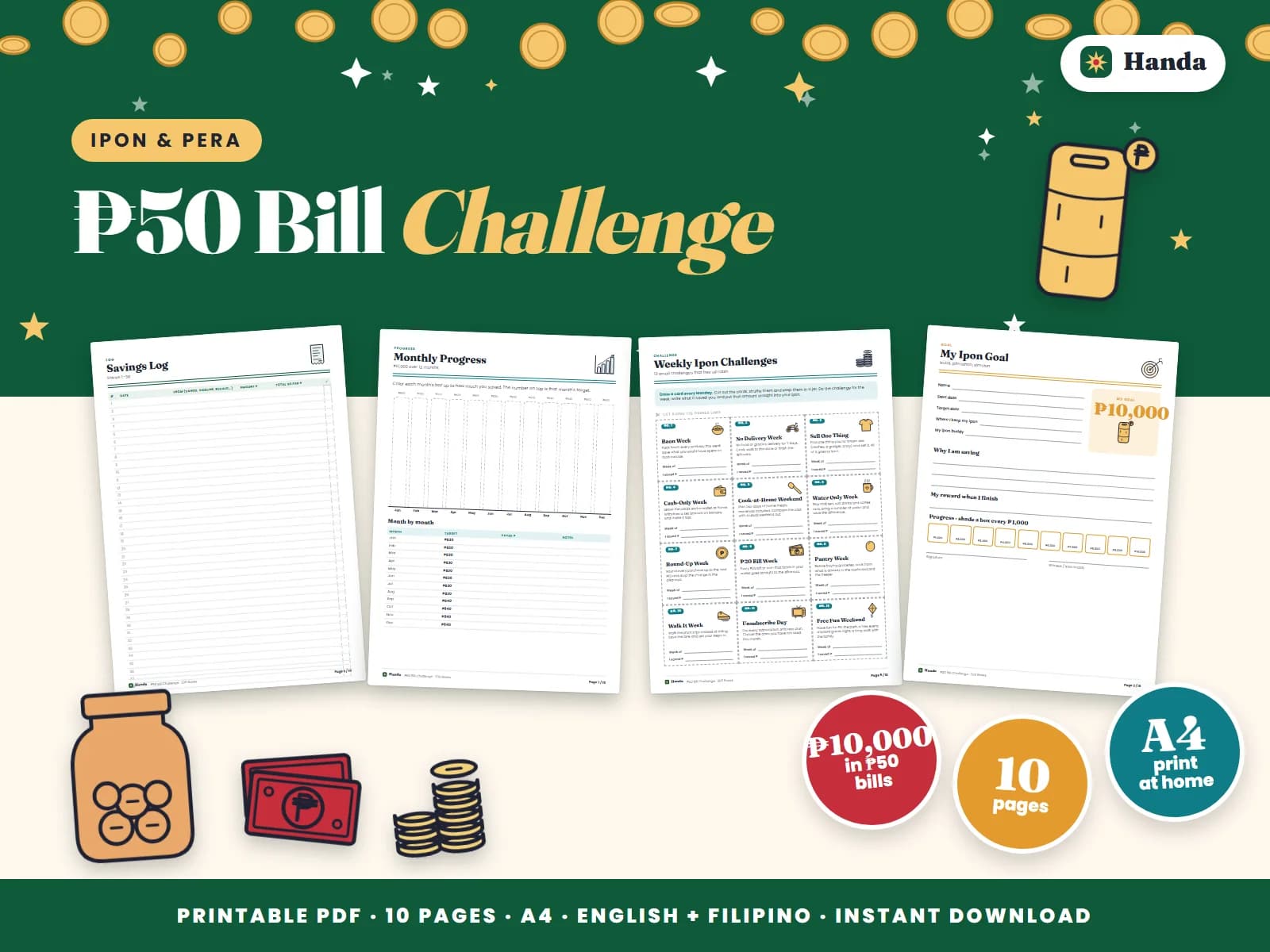 Cover of ₱50 Bill Challenge, a printable ipon challenge kit showing four of its pages
