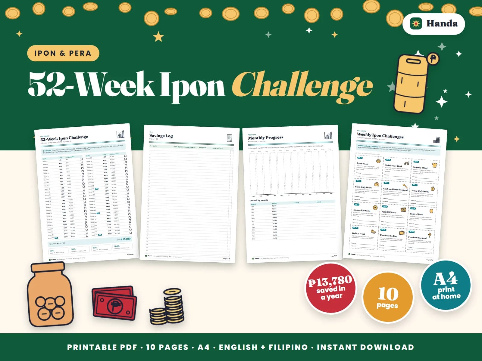 Cover of 52-Week Ipon Challenge, a printable ipon challenge kit showing four of its pages