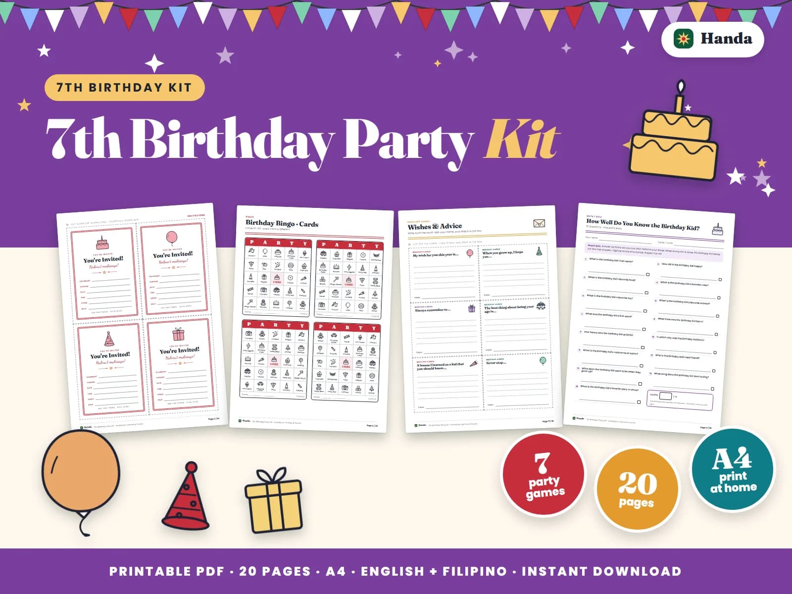 Cover of 7th Birthday Party Kit, a printable party kit showing four of its pages