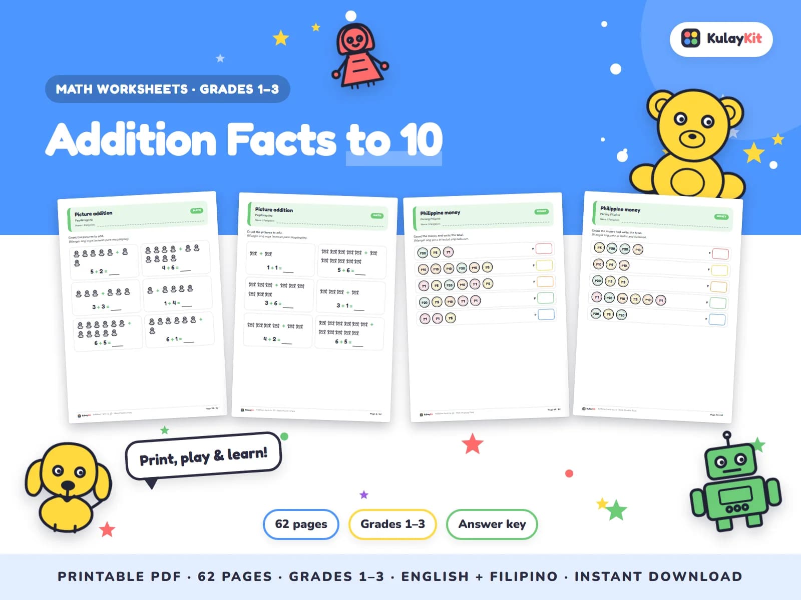 Cover of Addition Facts to 10, a printable pack for kids in Grades 1 to 3, showing four of its pages
