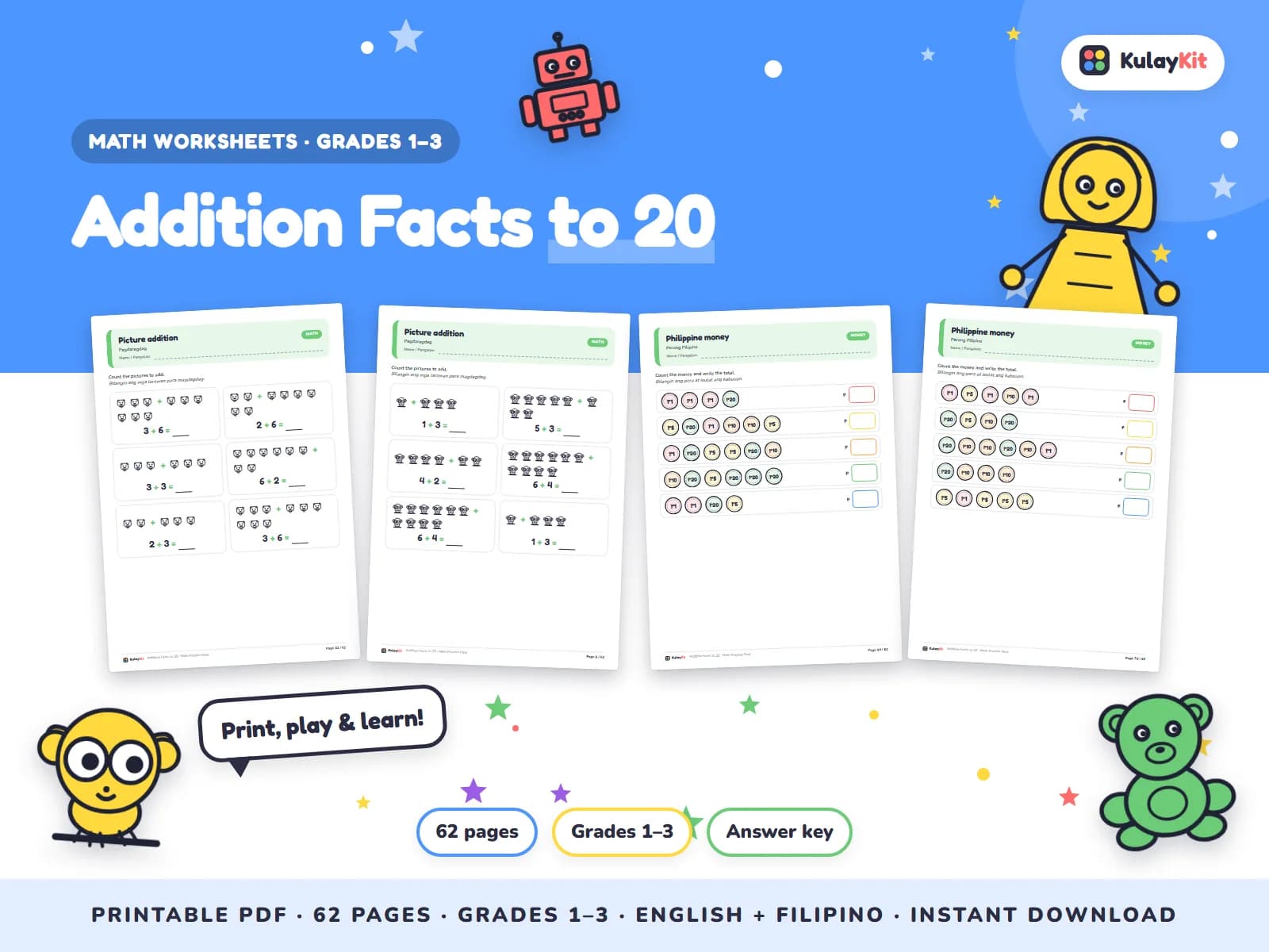 Cover of Addition Facts to 20, a printable pack for kids in Grades 1 to 3, showing four of its pages