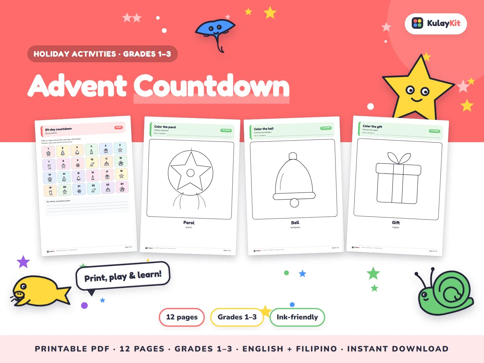 Cover of Advent Countdown, a printable pack for kids in Grades 1 to 3, showing four of its pages