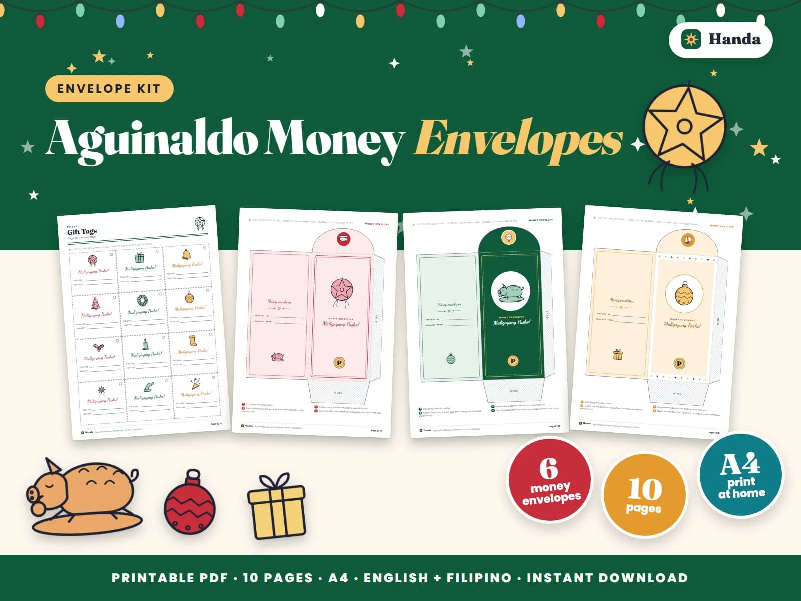 Cover of Aguinaldo Money Envelopes, a printable money envelope kit showing four of its pages
