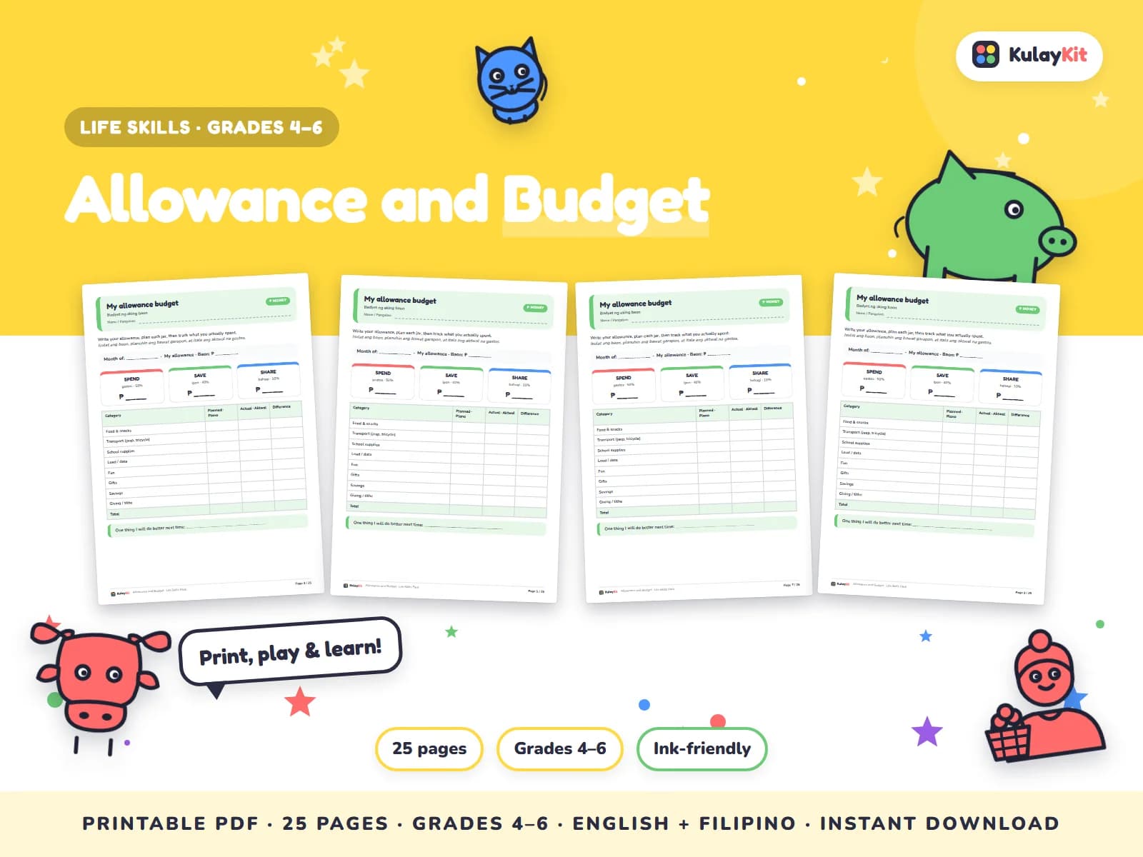 Cover of Allowance and Budget, a printable pack for kids in Grades 4 to 6, showing four of its pages