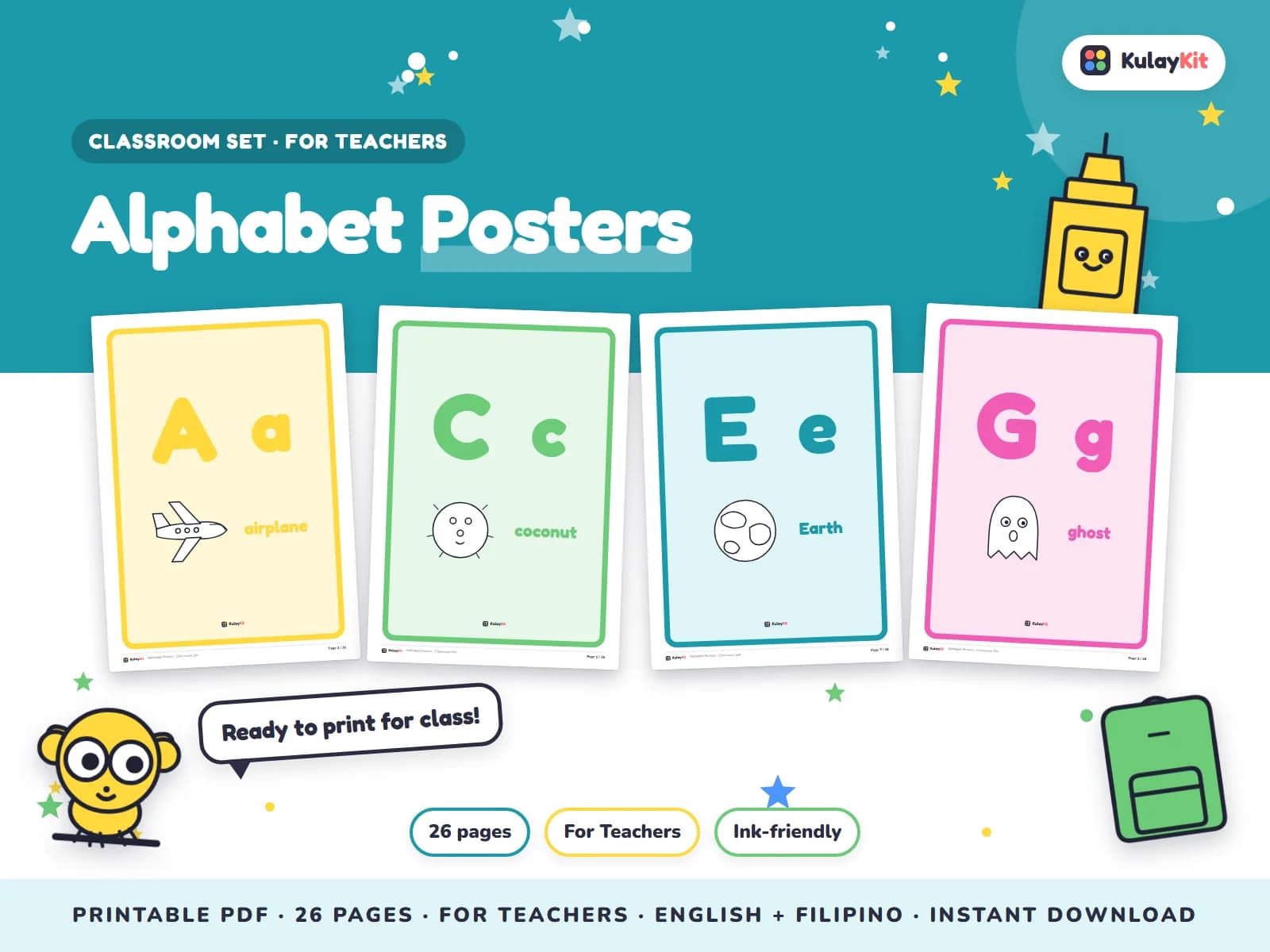 Cover of Alphabet Posters, a printable pack for teachers and parents, showing four of its pages