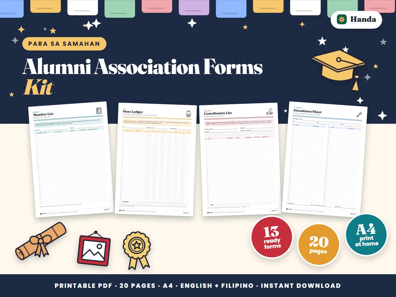 Cover of Alumni Association Forms Kit, a printable association forms kit showing four of its pages