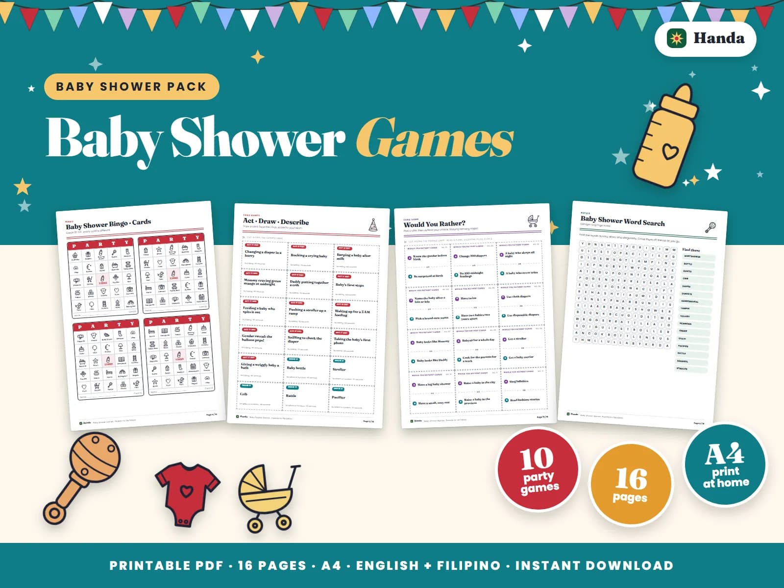 Cover of Baby Shower Games, a printable party games pack showing four of its pages