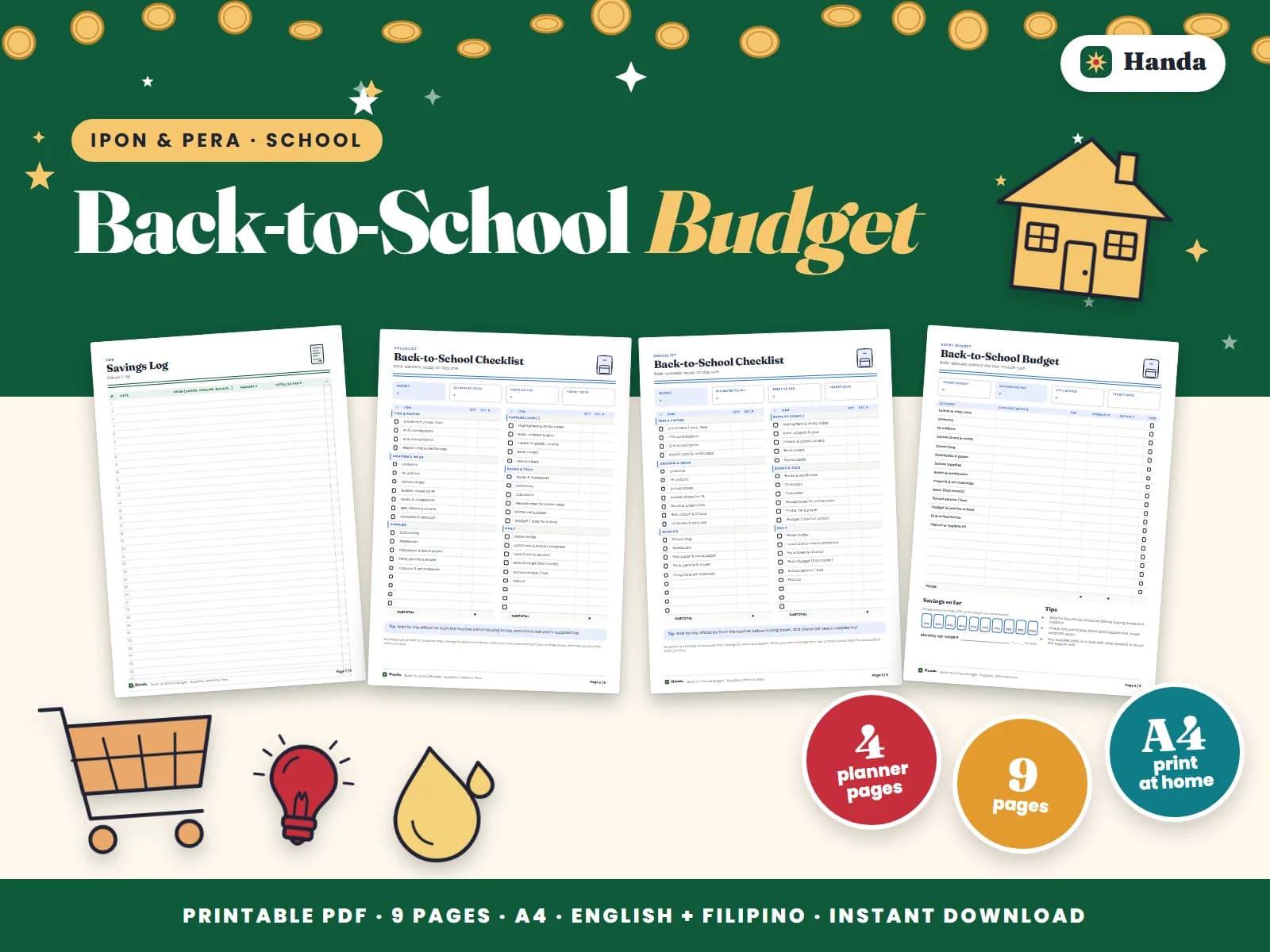 Cover of Back-to-School Budget, a printable budget planner showing four of its pages