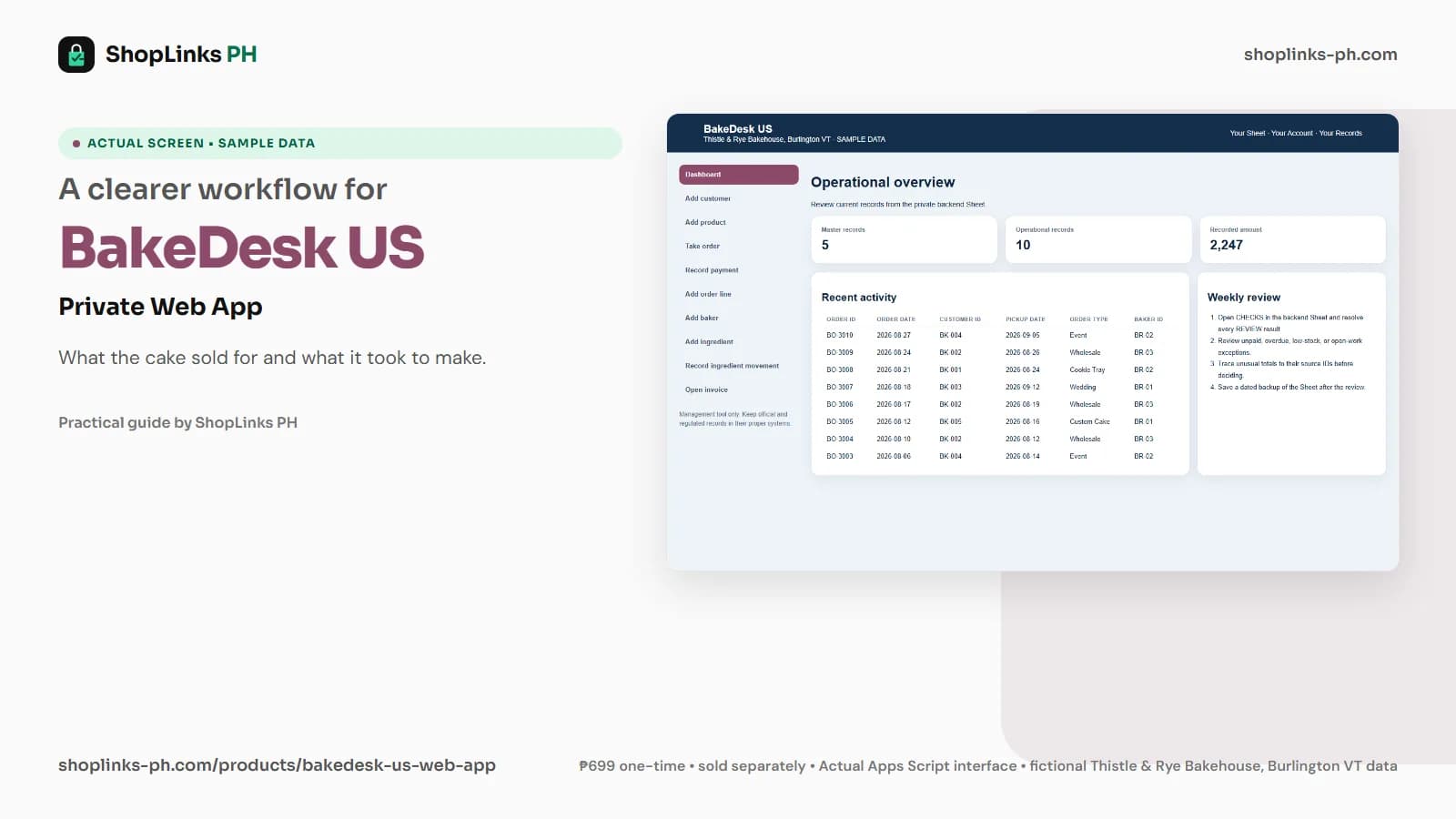 BakeDesk US Private Google Sheets Web App dashboard using fictional sample data