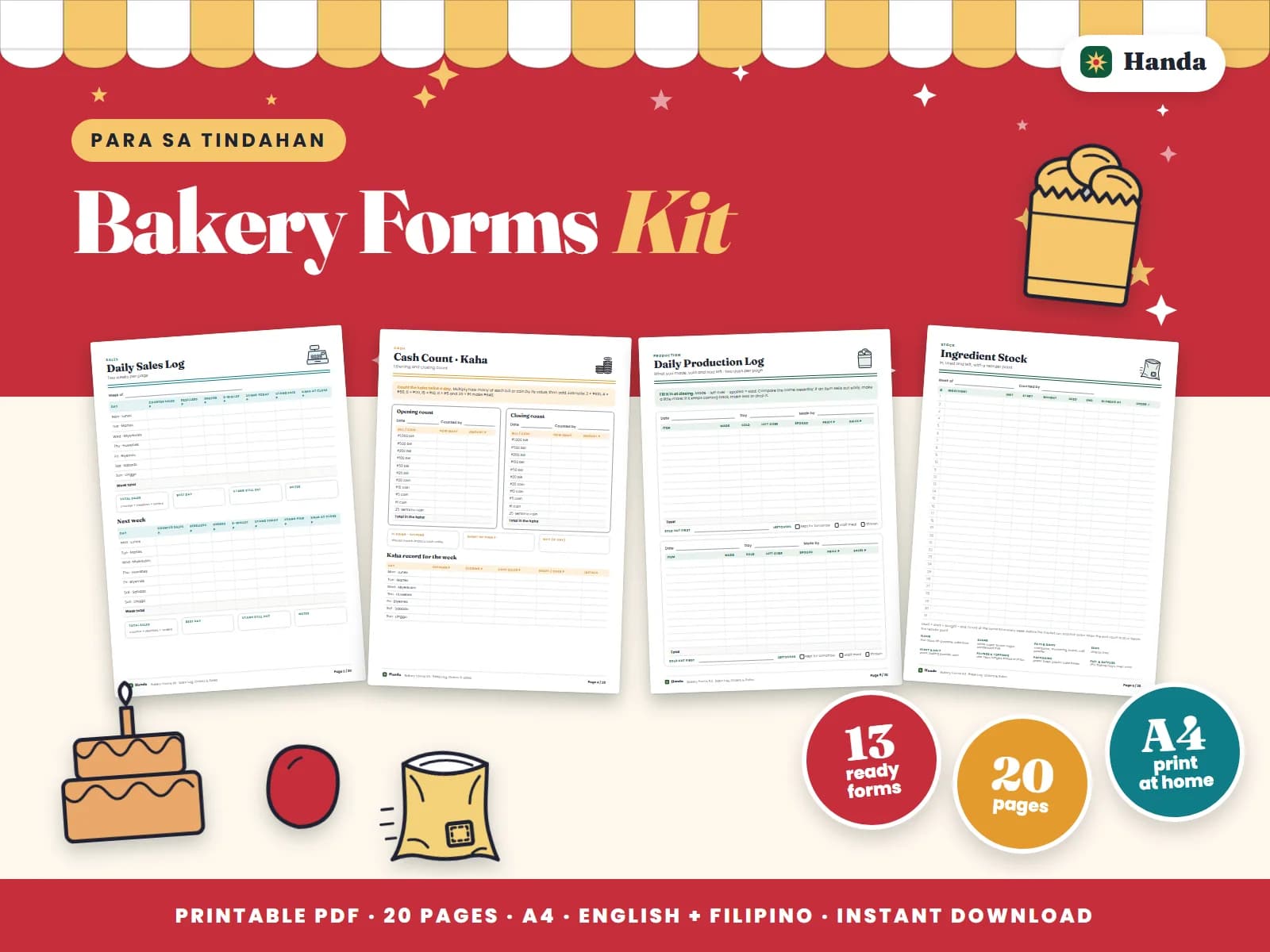 Cover of Bakery Forms Kit, a printable store forms kit showing four of its pages