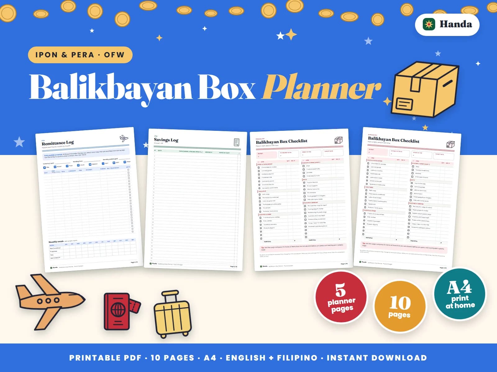 Cover of Balikbayan Box Planner, a printable budget planner showing four of its pages