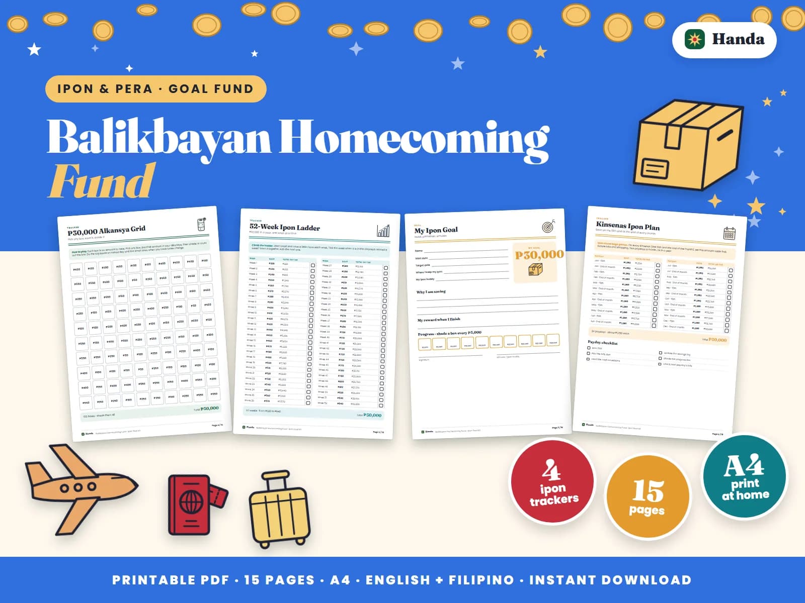Cover of Balikbayan Homecoming Fund, a printable ipon challenge kit showing four of its pages