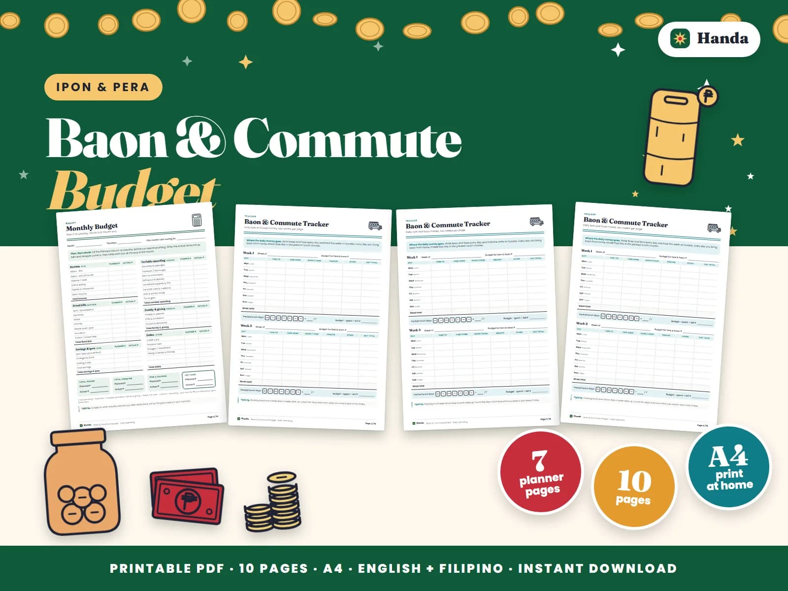 Cover of Baon & Commute Budget, a printable budget planner showing four of its pages