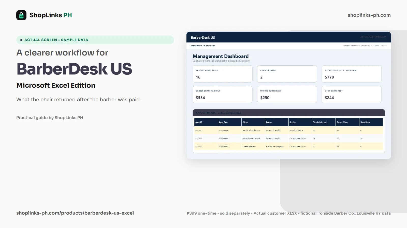 BarberDesk US Microsoft Excel Edition dashboard using fictional sample data