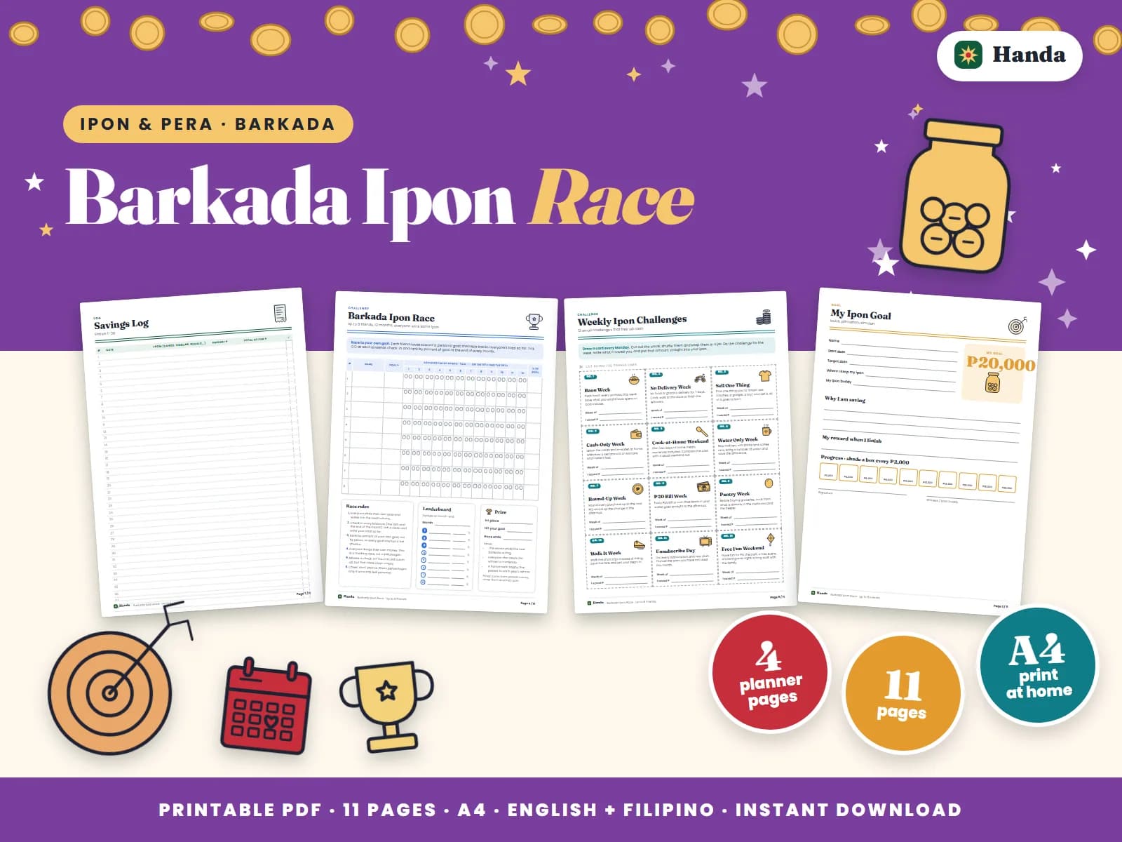 Cover of Barkada Ipon Race, a printable group ipon challenge showing four of its pages