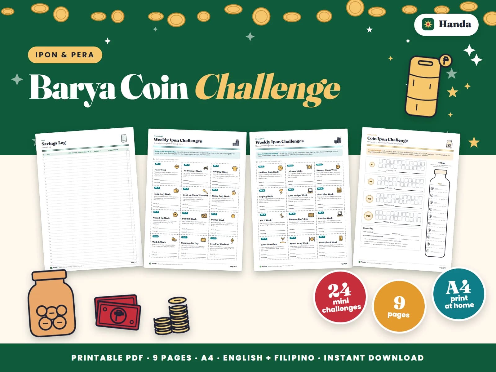 Cover of Barya Coin Challenge, a printable ipon challenge kit showing four of its pages