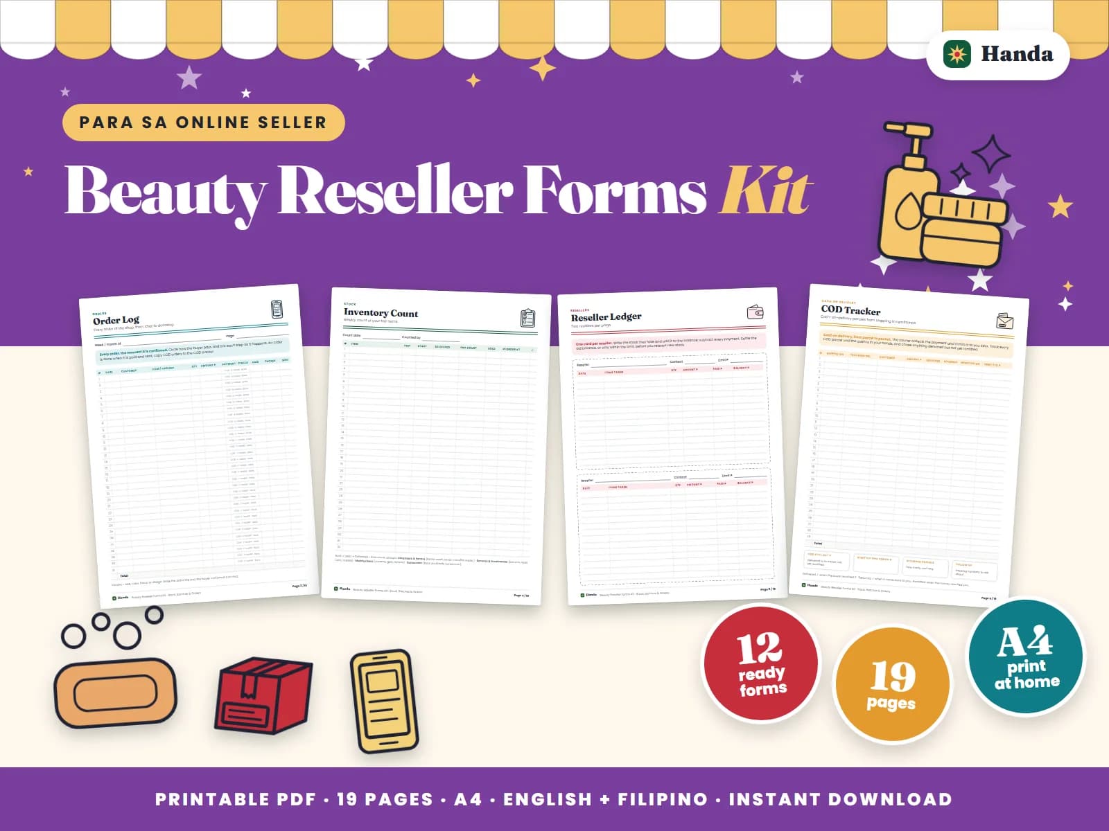 Cover of Beauty Reseller Forms Kit, a printable online seller forms kit showing four of its pages