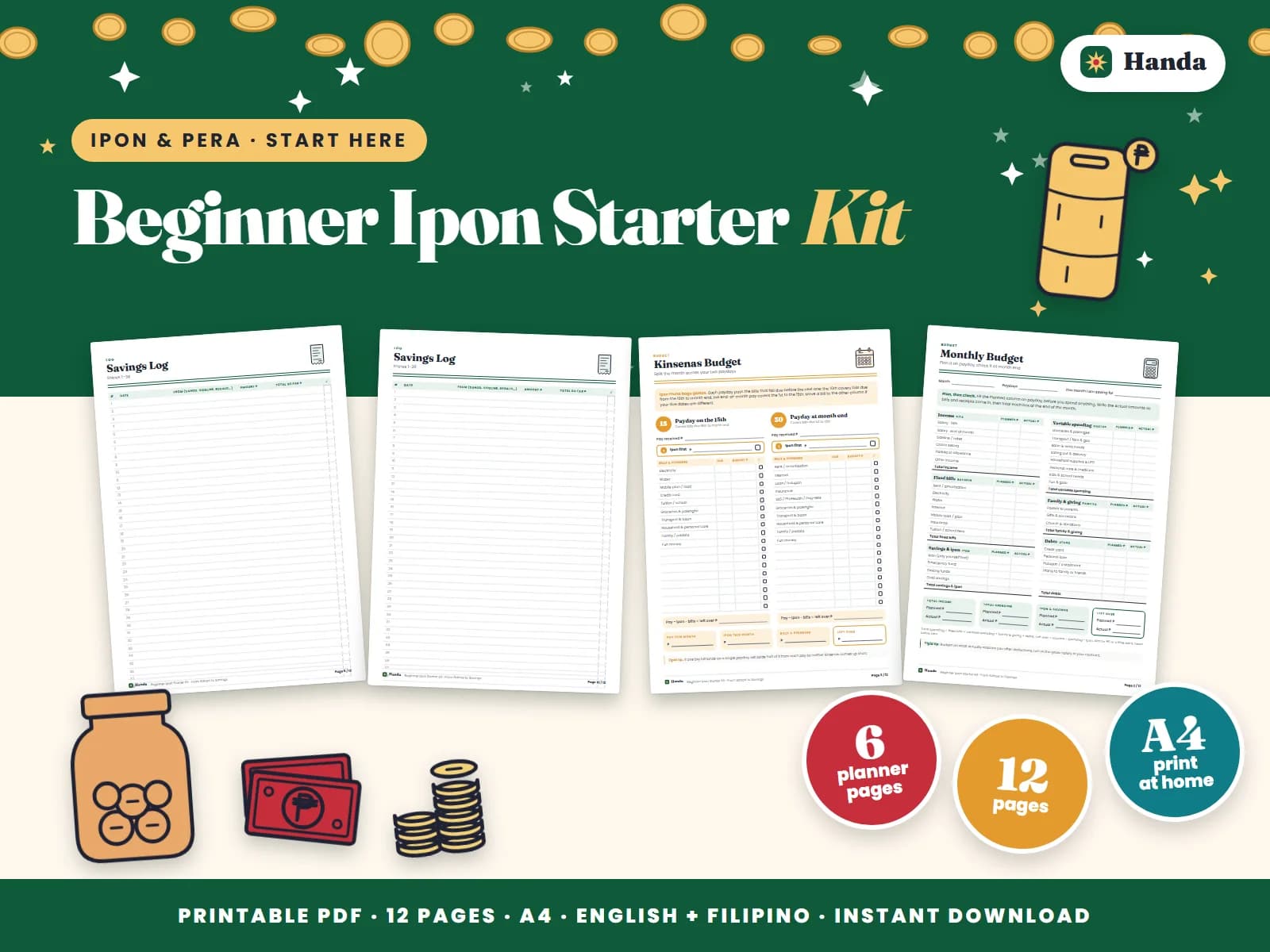 Cover of Beginner Ipon Starter Kit, a printable budget planner showing four of its pages
