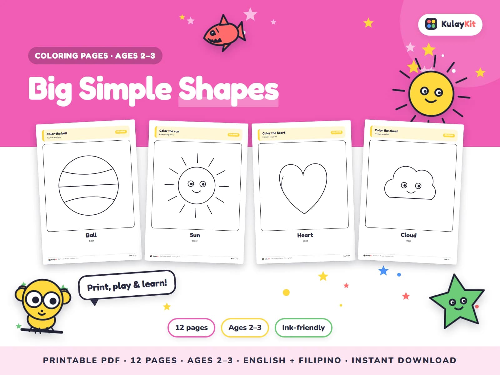 Cover of Big Simple Shapes, a printable pack for toddlers ages 2 to 3, showing four of its pages