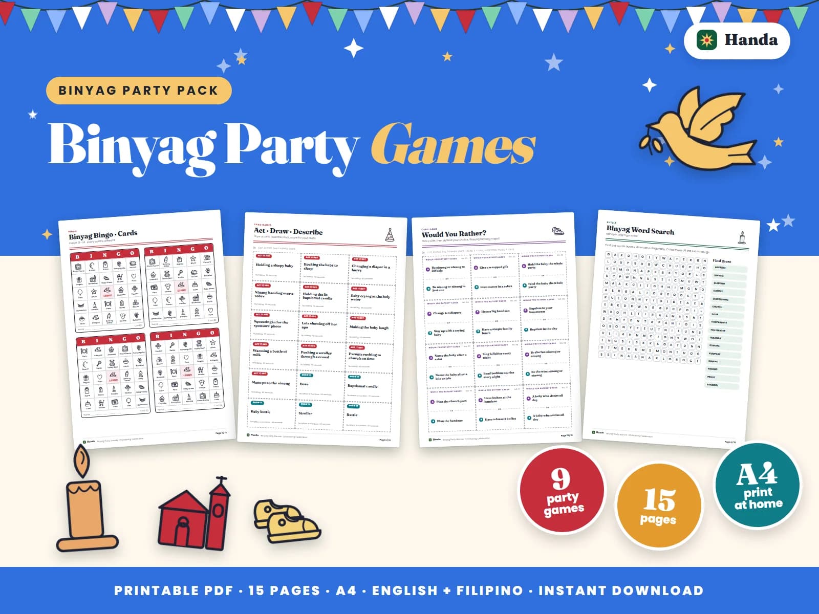 Cover of Binyag Party Games, a printable party games pack showing four of its pages
