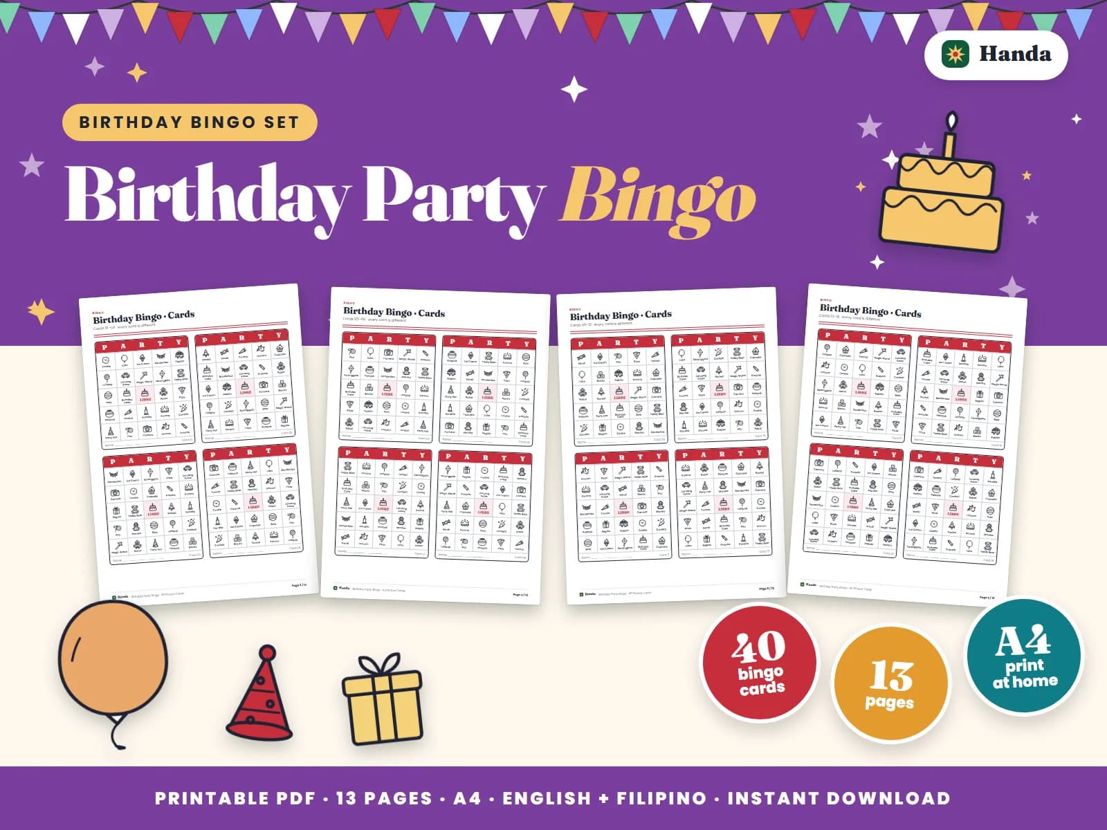 Cover of Birthday Party Bingo, a printable bingo set showing four of its pages