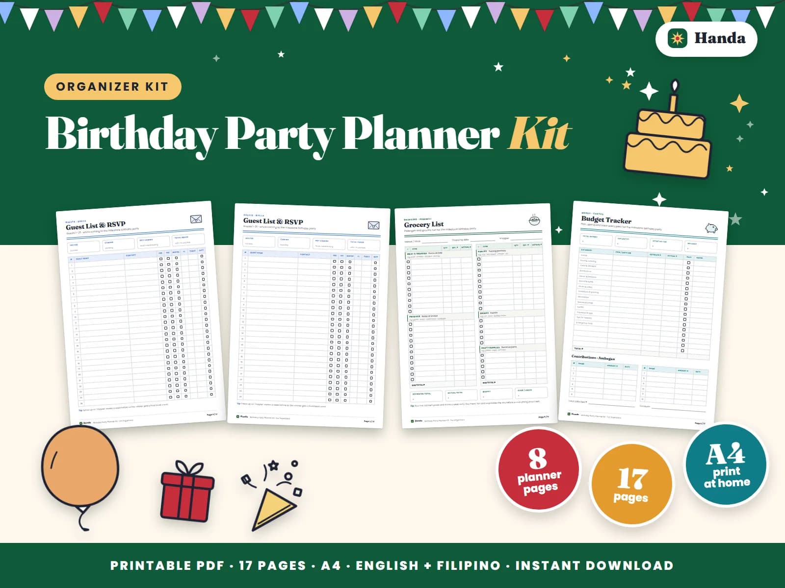 Cover of Birthday Party Planner Kit, a printable party planner kit showing four of its pages