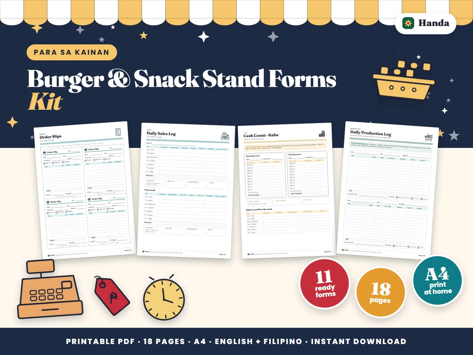 Cover of Burger & Snack Stand Forms Kit, a printable food business forms kit showing four of its pages