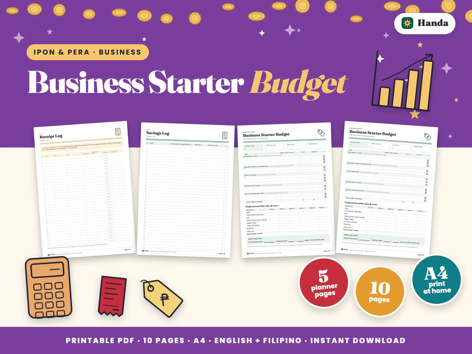 Cover of Business Starter Budget, a printable budget planner showing four of its pages