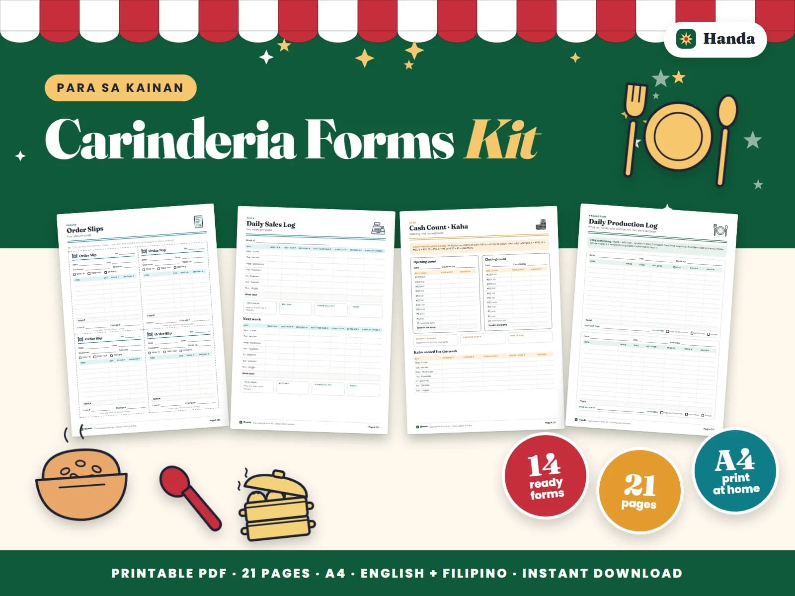 Cover of Carinderia Forms Kit, a printable food business forms kit showing four of its pages