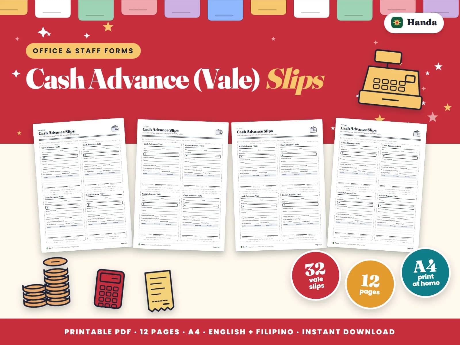 Cover of Cash Advance (Vale) Slips, a printable forms pack showing four of its pages