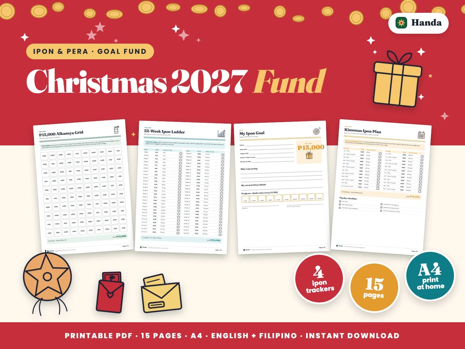 Cover of Christmas 2027 Fund, a printable ipon challenge kit showing four of its pages