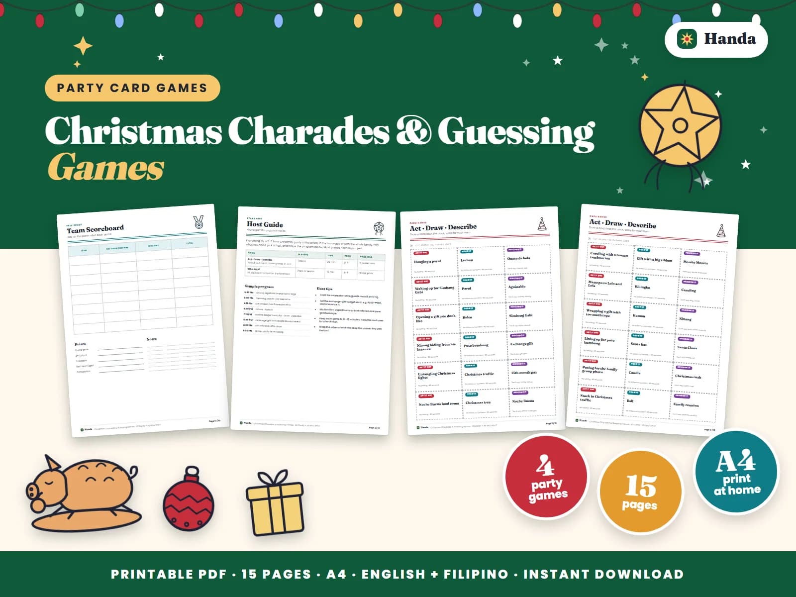Cover of Christmas Charades & Guessing Games, a printable card games pack showing four of its pages