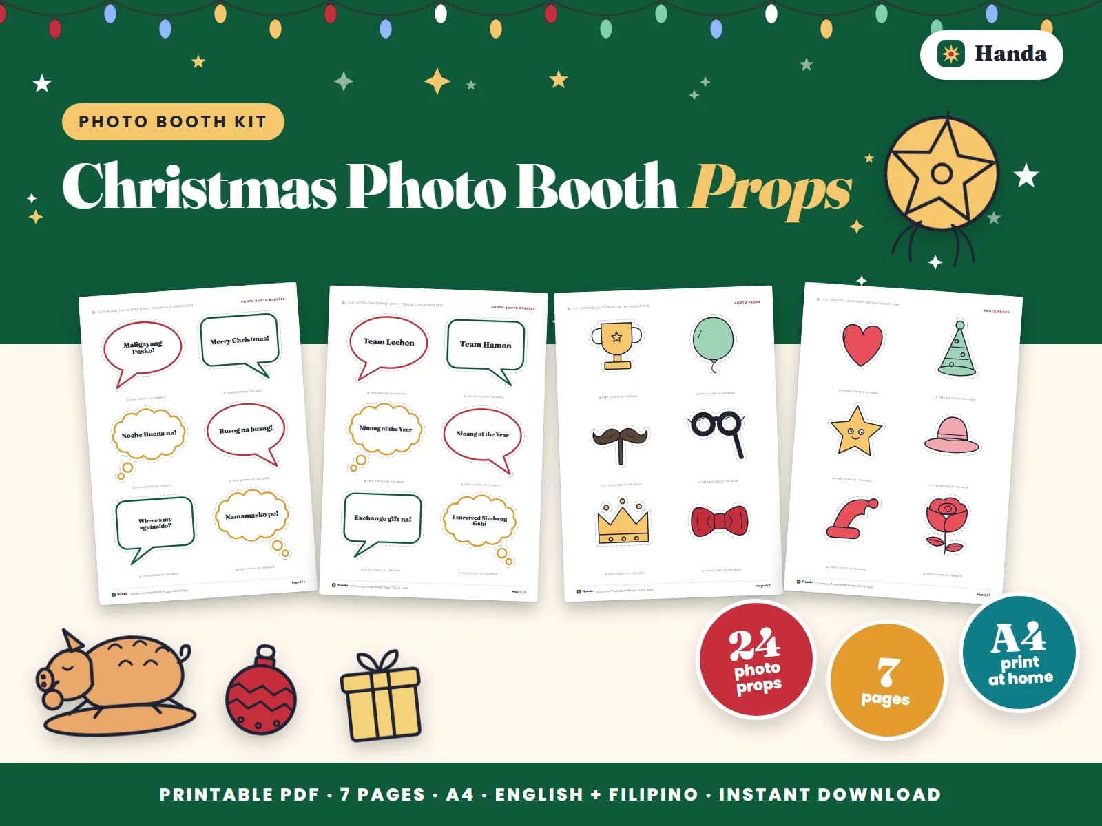 Cover of Christmas Photo Booth Props, a printable photo booth kit showing four of its pages