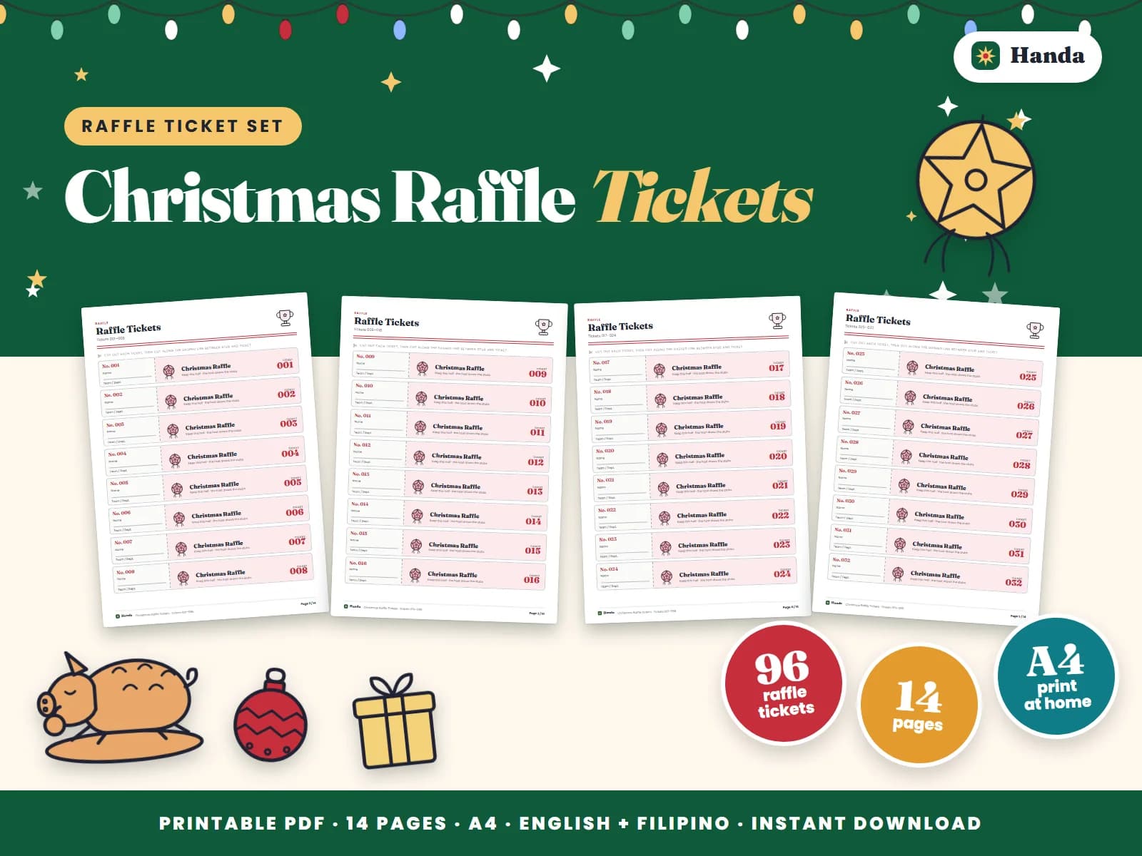 Cover of Christmas Raffle Tickets, a printable raffle ticket set showing four of its pages