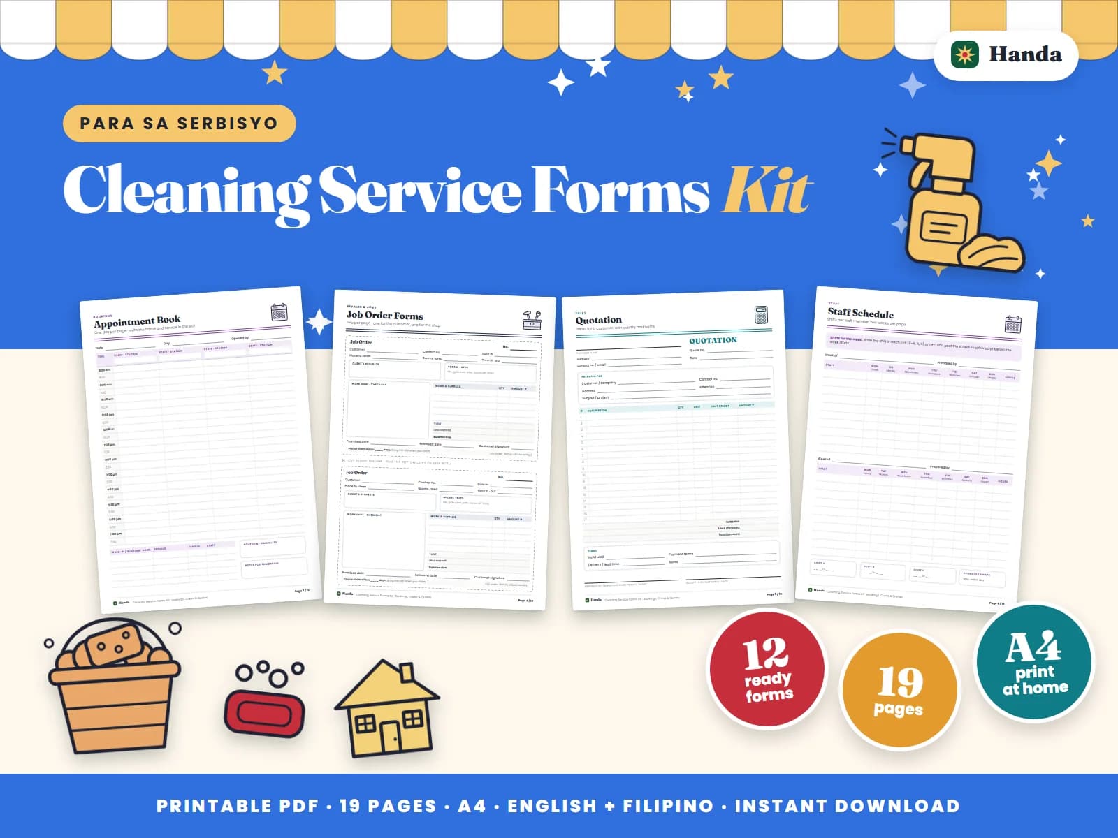 Cover of Cleaning Service Forms Kit, a printable service business forms kit showing four of its pages