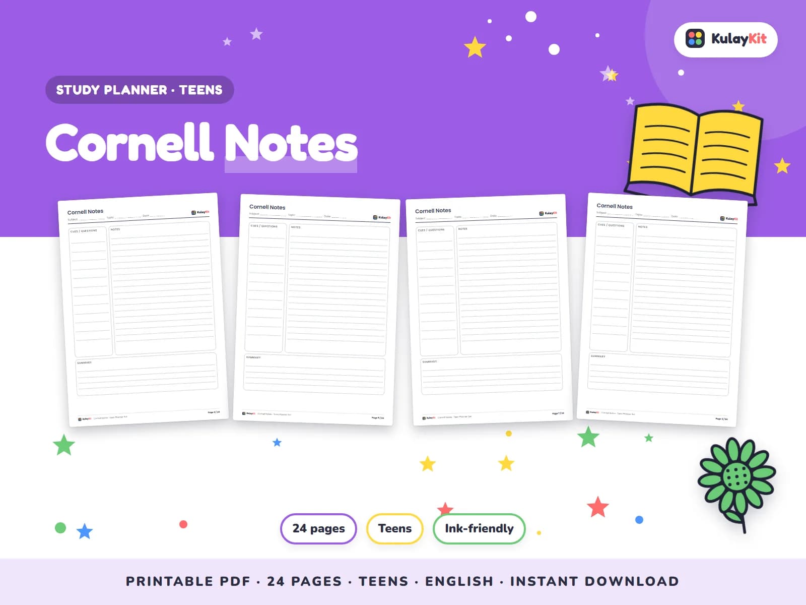 Cover of Cornell Notes, a printable pack for teens ages 12 to 17, showing four of its pages