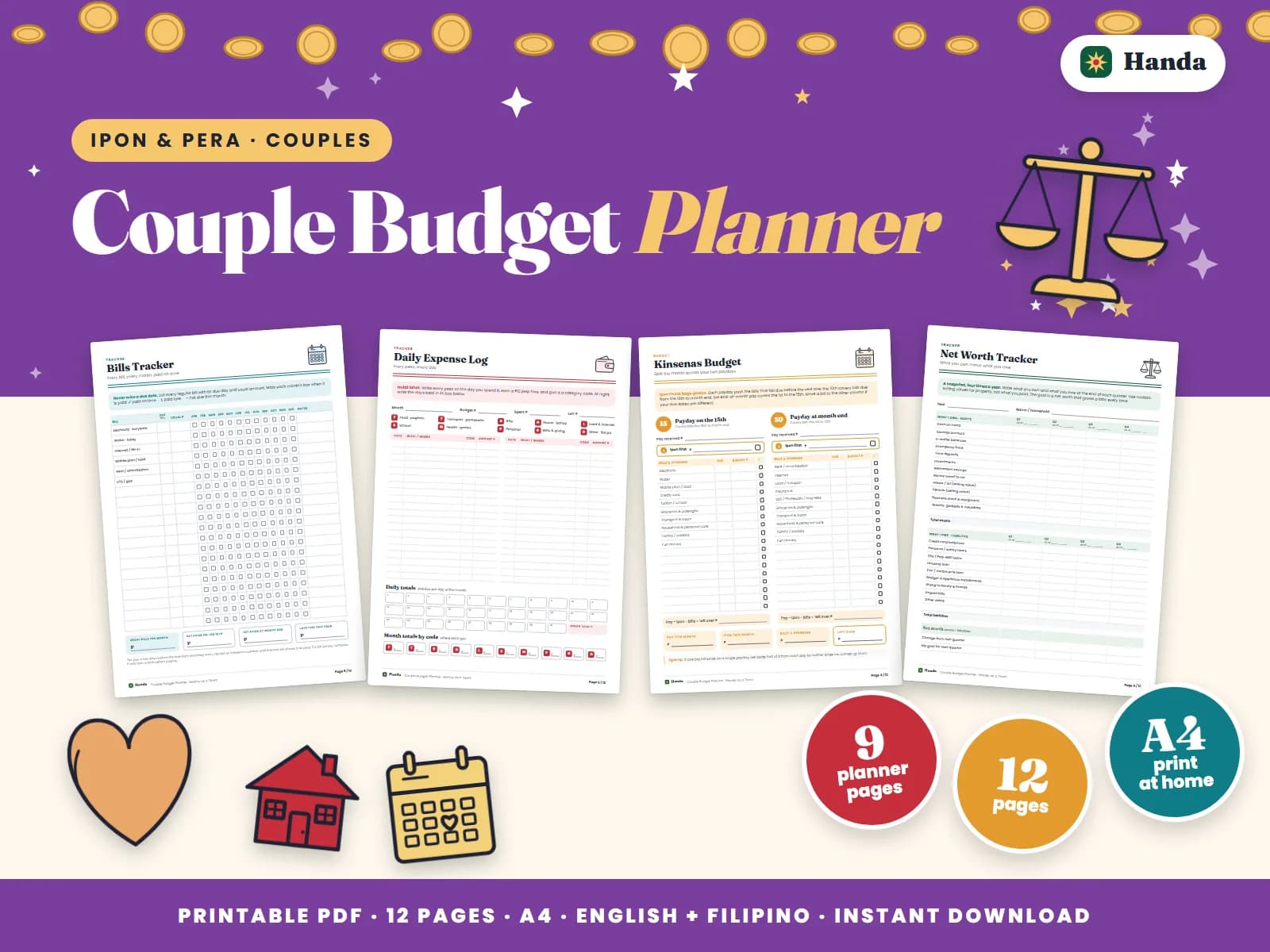 Cover of Couple Budget Planner, a printable budget planner showing four of its pages