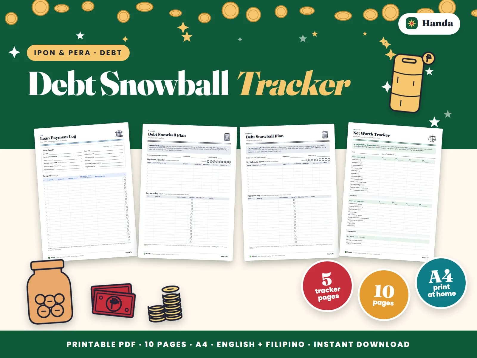 Cover of Debt Snowball Tracker, a printable money tracker showing four of its pages