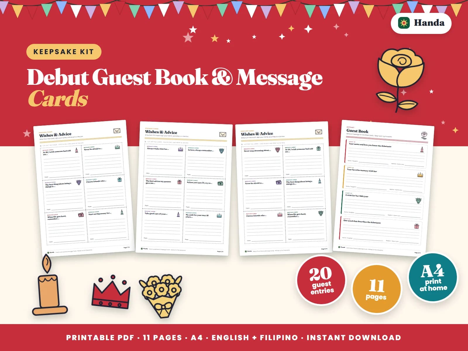 Cover of Debut Guest Book & Message Cards, a printable guest book and keepsake set showing four of its pages