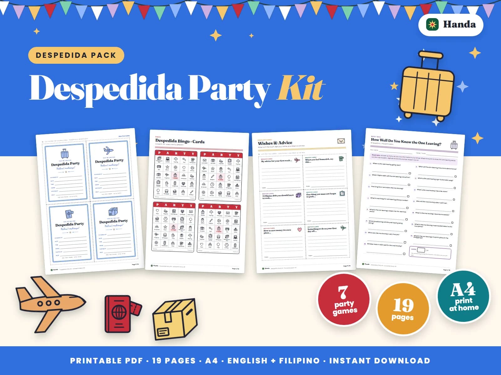 Cover of Despedida Party Kit, a printable party kit showing four of its pages