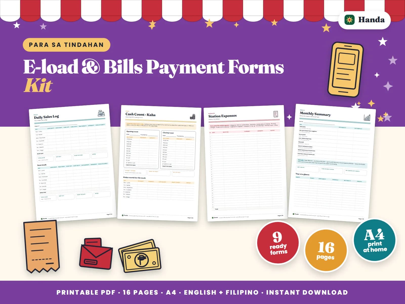 Cover of E-load & Bills Payment Forms Kit, a printable store forms kit showing four of its pages