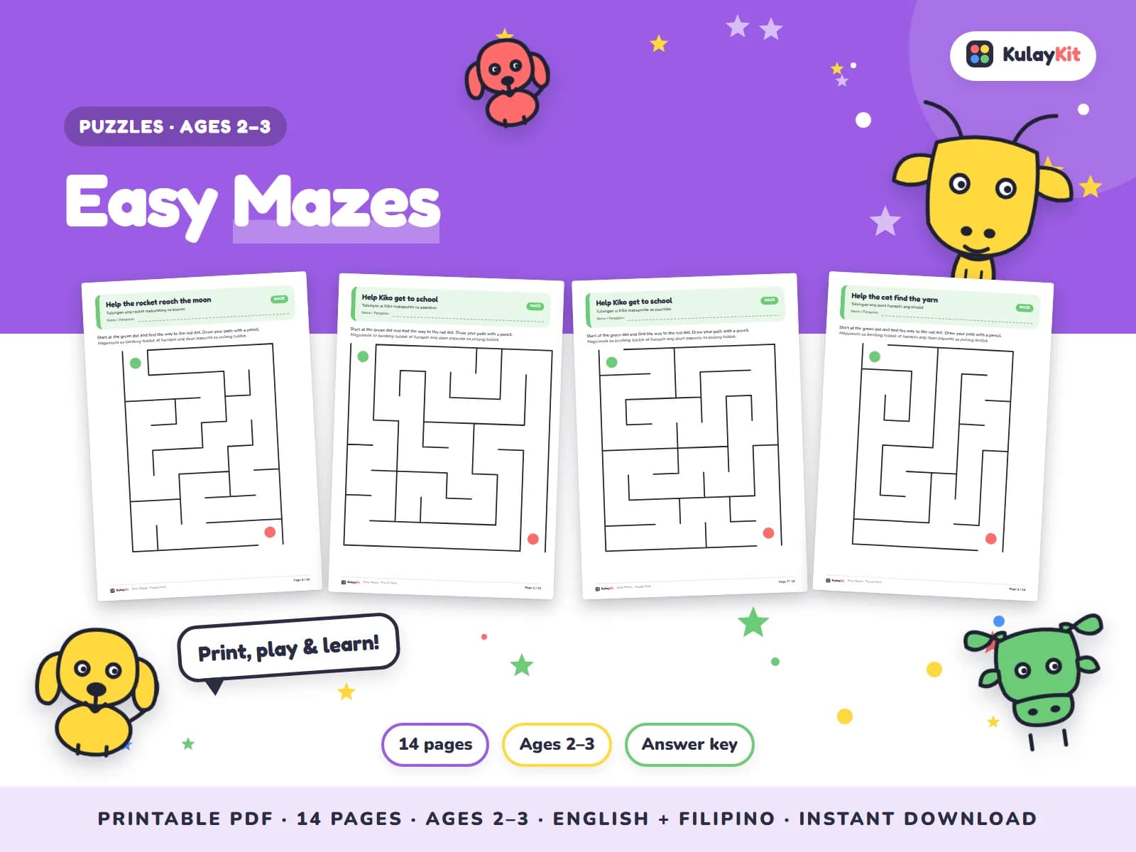Cover of Easy Mazes, a printable pack for toddlers ages 2 to 3, showing four of its pages
